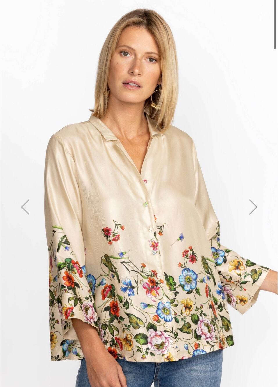Johnny Was Floral 100%Silk Blouse Shirt Cream Tunic Button Front Boho Lagenlook
